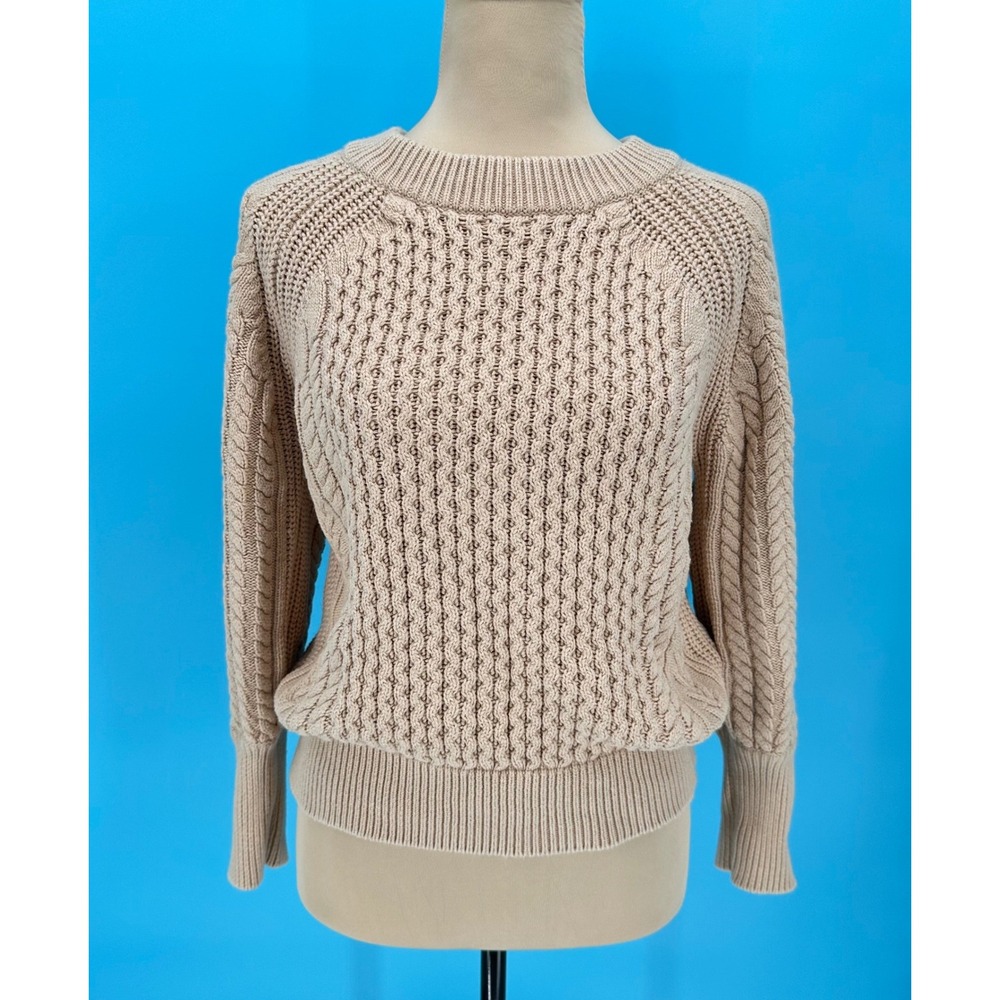 Magaschoni Women Tan Beige Cable Knit Sweater Cotton Cashmere Fisherman S